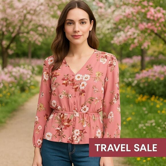 A.N.A Floral Peplum Blouse | Pink Long Sleeve | Size Small - Picture 2 of 15